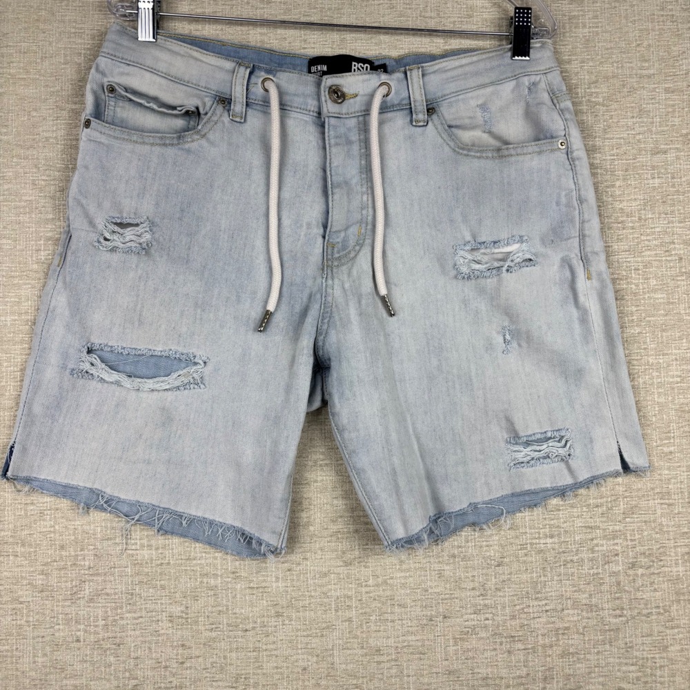 RSQ Jeans Mens 32 Light Wash Distressed Drawstring Denim Shorts Raw Hem